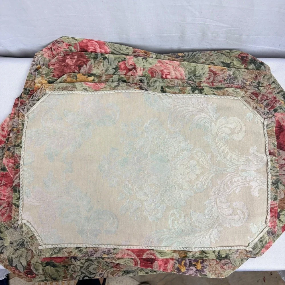 Vintage‎ Floral Tapestry Placemats Set of 6 Reversible Damask Rose Green Cream